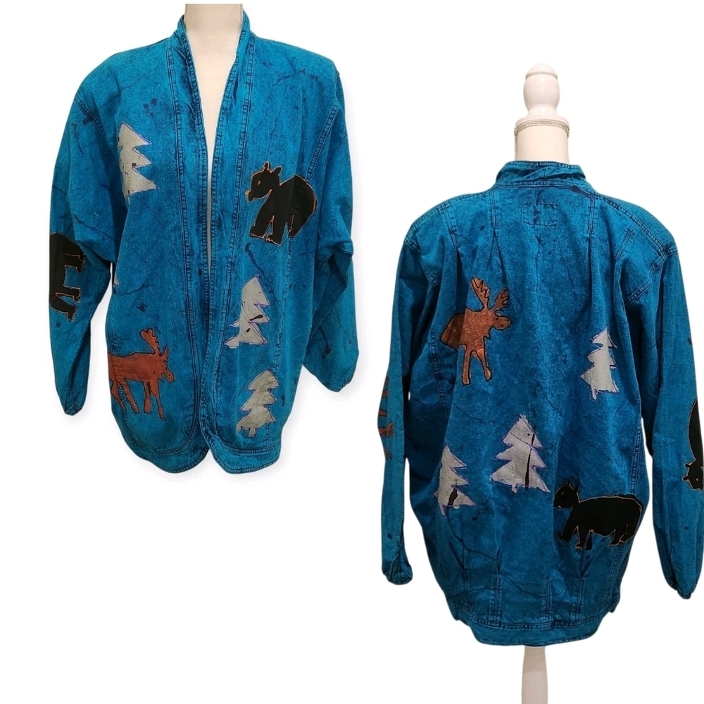 Sundance Large Blue Acid Wash Cotton Wearable Art 80's Wildlife Open USA Jacket